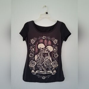 Gothic Black Graphic Tee – Immortal Lovers Skeletons & Roses